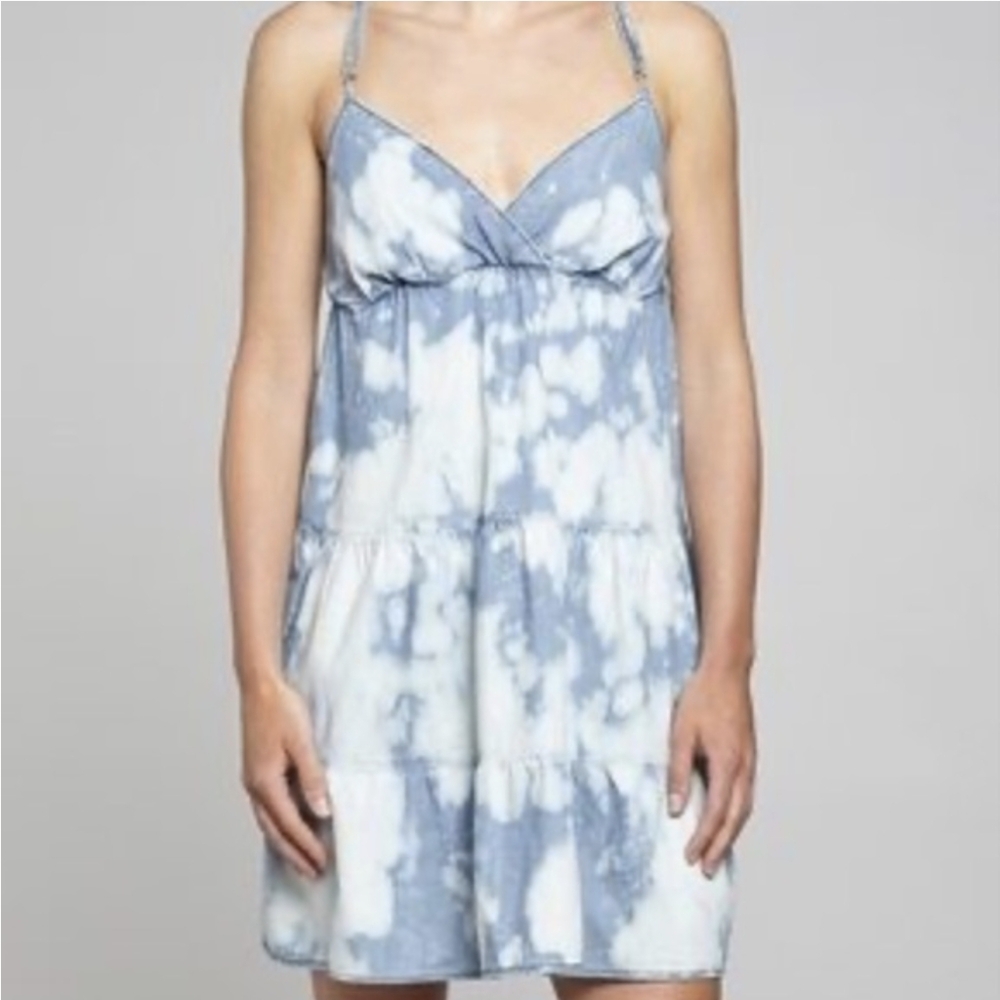 Seven7 Women's Denim Dress Size Medium Spaghetti Straps Tiered Blue White Cotton
